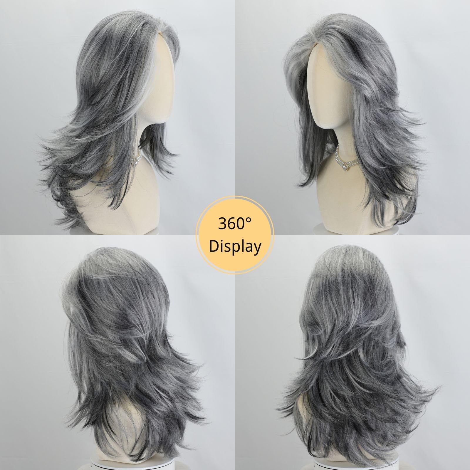 Silver Grey Wigs For White Women 20 Inch Medium-length Wavy Layered Salt Pepp…