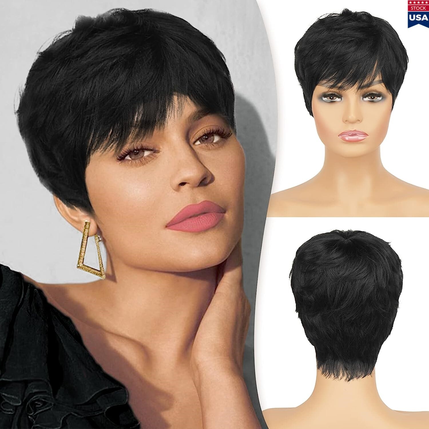 Short Black Wig Human Hair Everyday Wear Natural Hairstyle With Bangs USA
