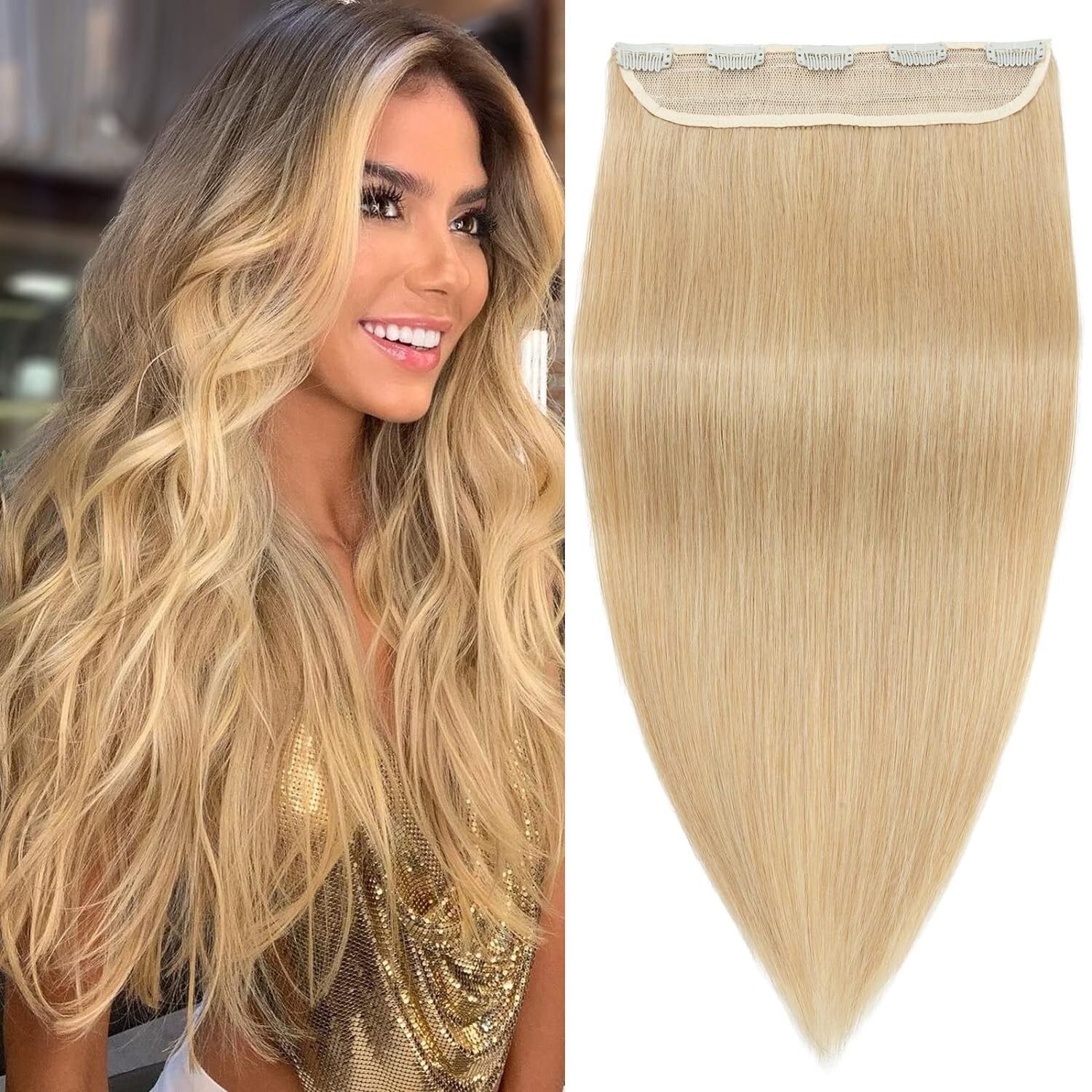 100% Remy Human Hair Extension Clip-in, 16″ #24 Natural Blonde 3/4 Full Head 45g