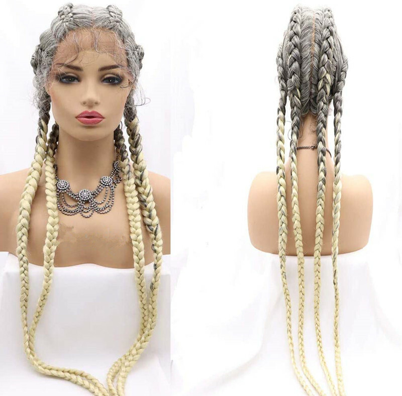 Cornrow Braided Lace Front Wig African Glueless Box Braids Wig Gray Blonded 34”