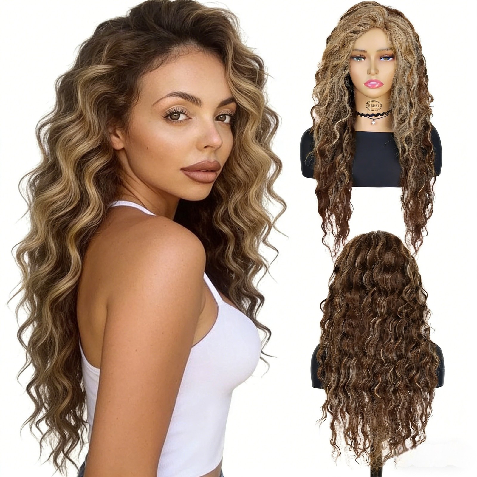 Middle Part Long Kinky Curly High Temperature Synthetic Wig with Rose Net for