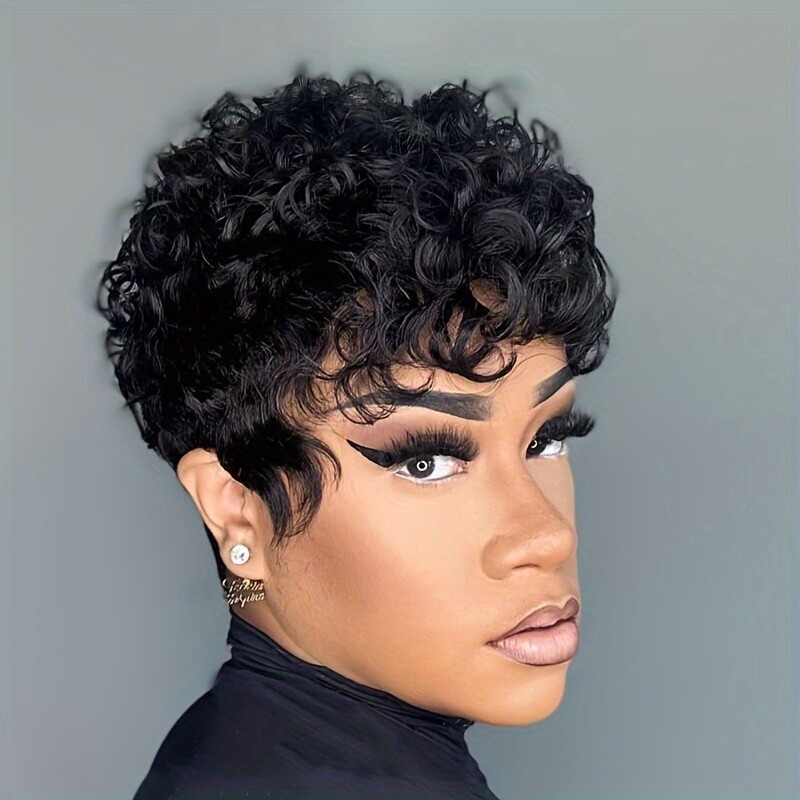 100% Human Hair Wigs Women Curly Pixie Cut Wigs Natural Daily Wear