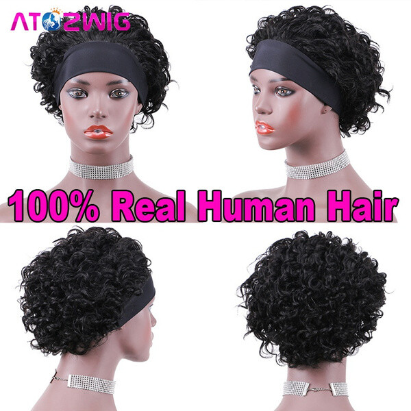 Short Curly Headband Wig 100% Human Hair Pixie Cut Wigs for Black Women Daily