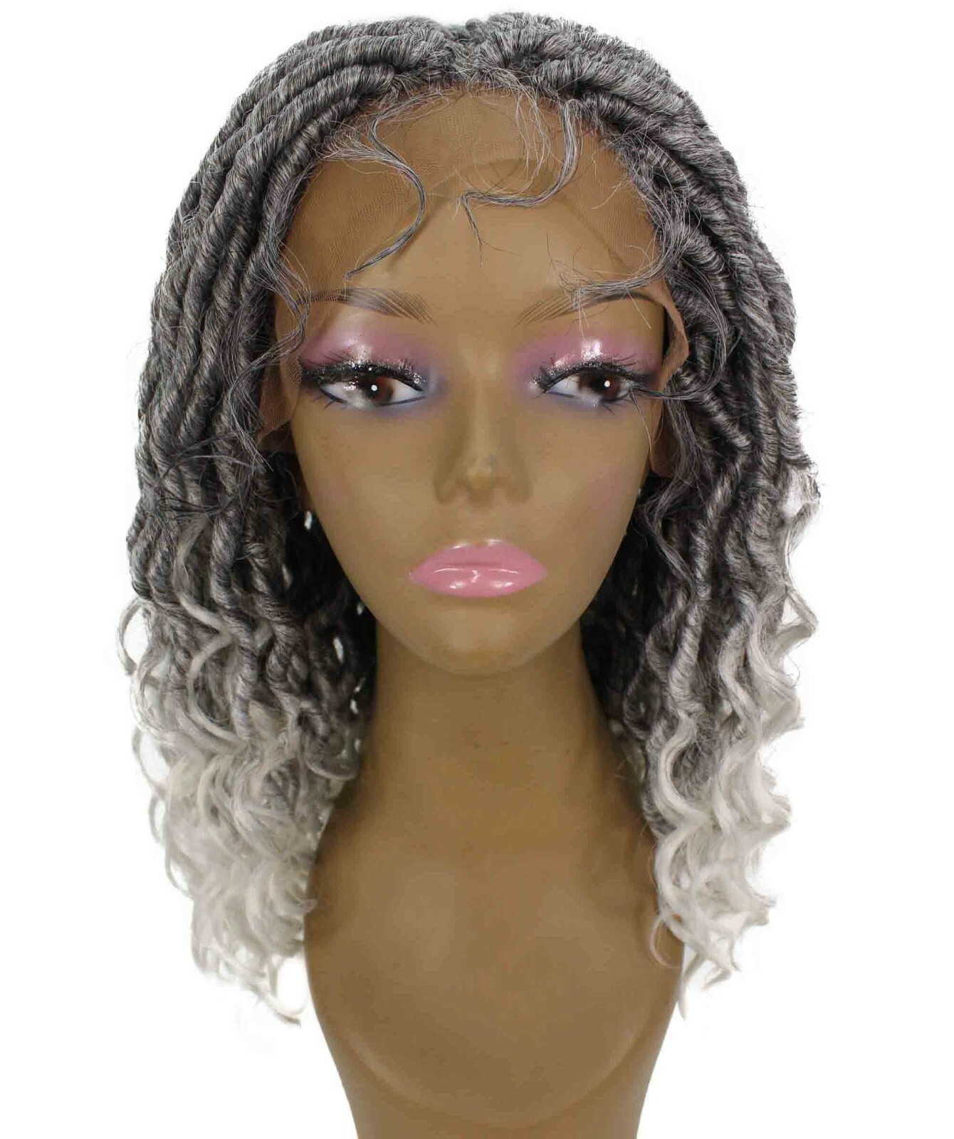 LUXLUXE Andrea 4×4 Curly Long 4X4 Hand Tied Lace Braid Black To White Ombre Wig