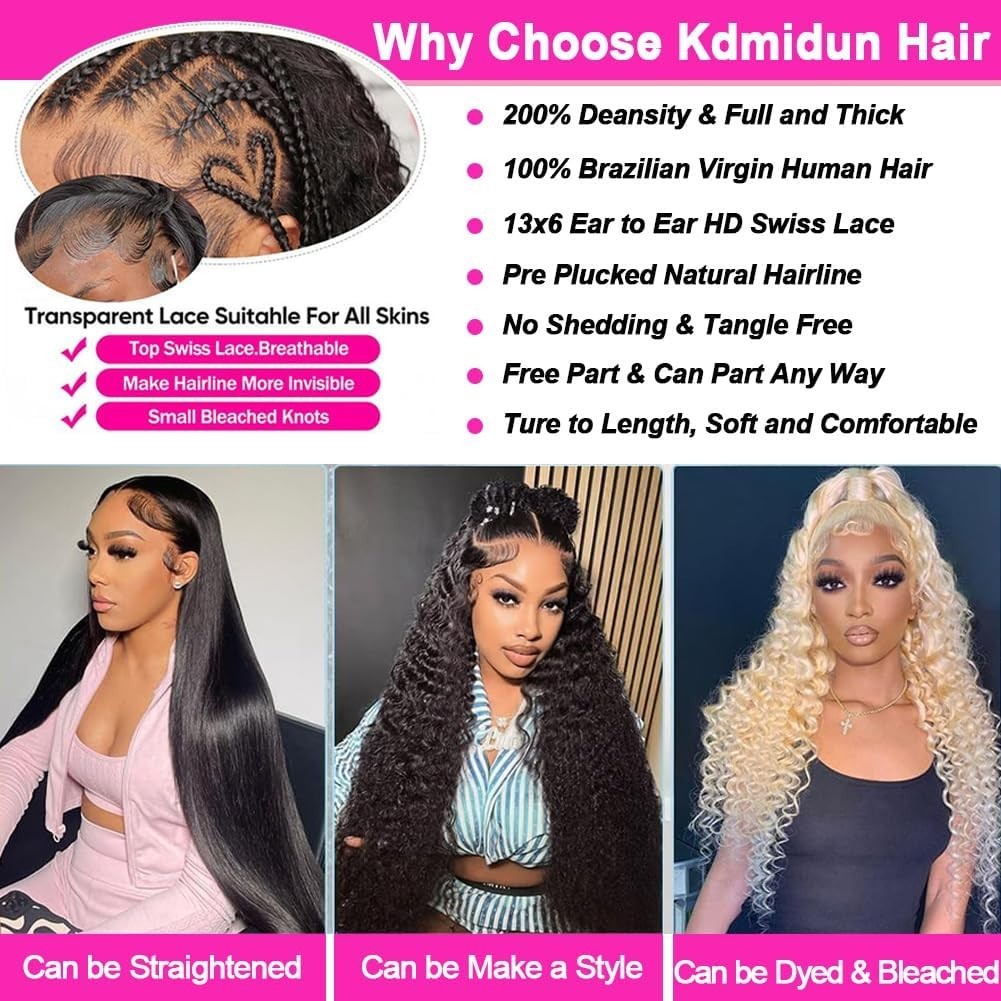 30″ Deep Wave Lace Front Wig – 200 Density Human Hair, HD Frontal, Pre-Plucked,