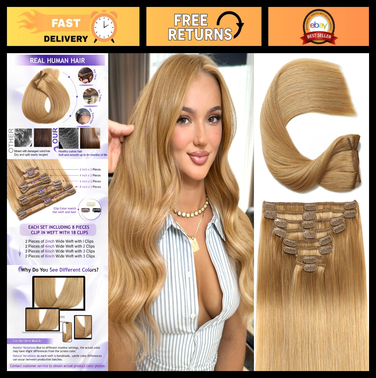 24″ Clip-In Real Human Hair Extensions, 120g, 8pcs, Seamless Double Weft, #27 Ho
