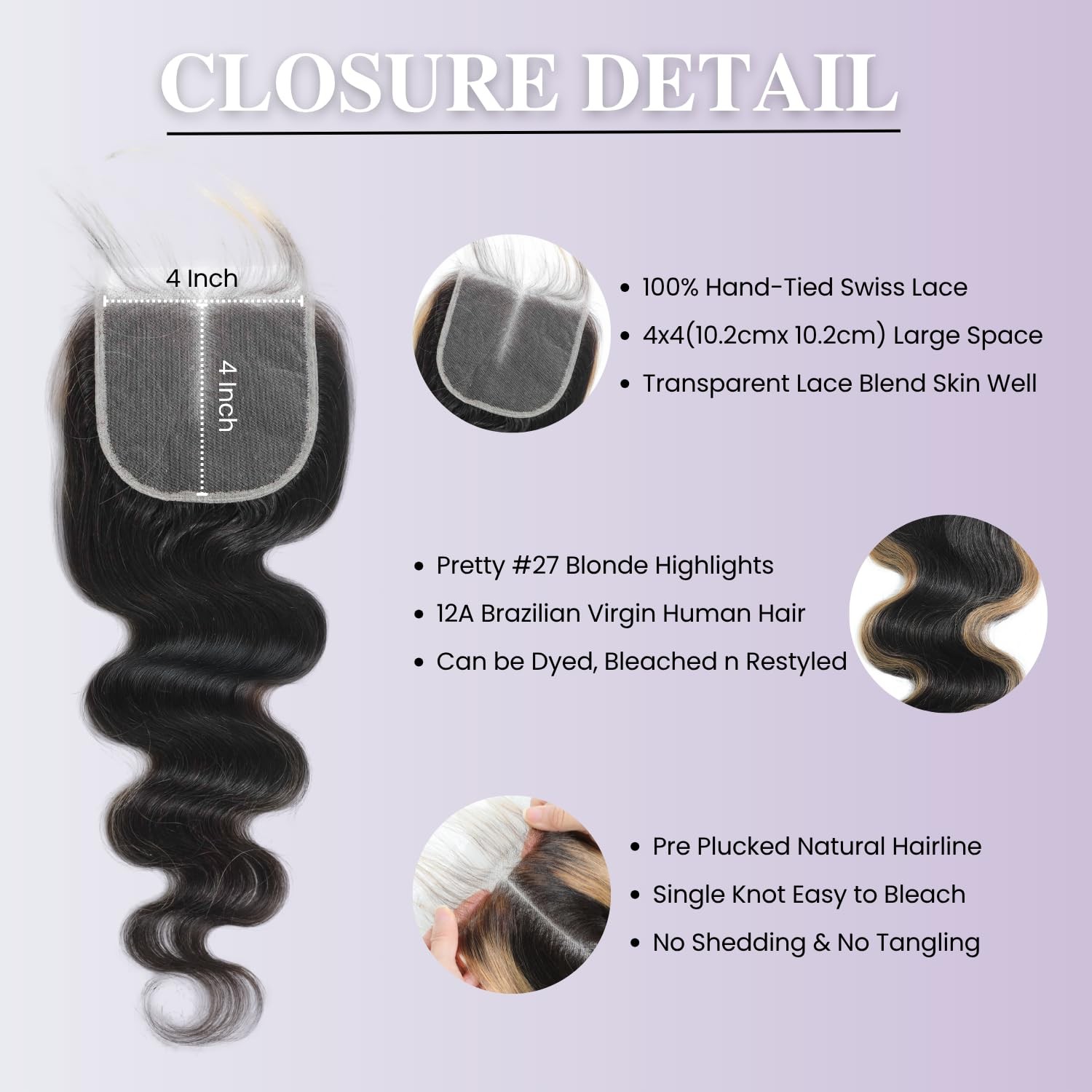 Auroo 27 Skunk Stripe 4X4 Lace Closure Only Human Hair Body Wave 12A Honey