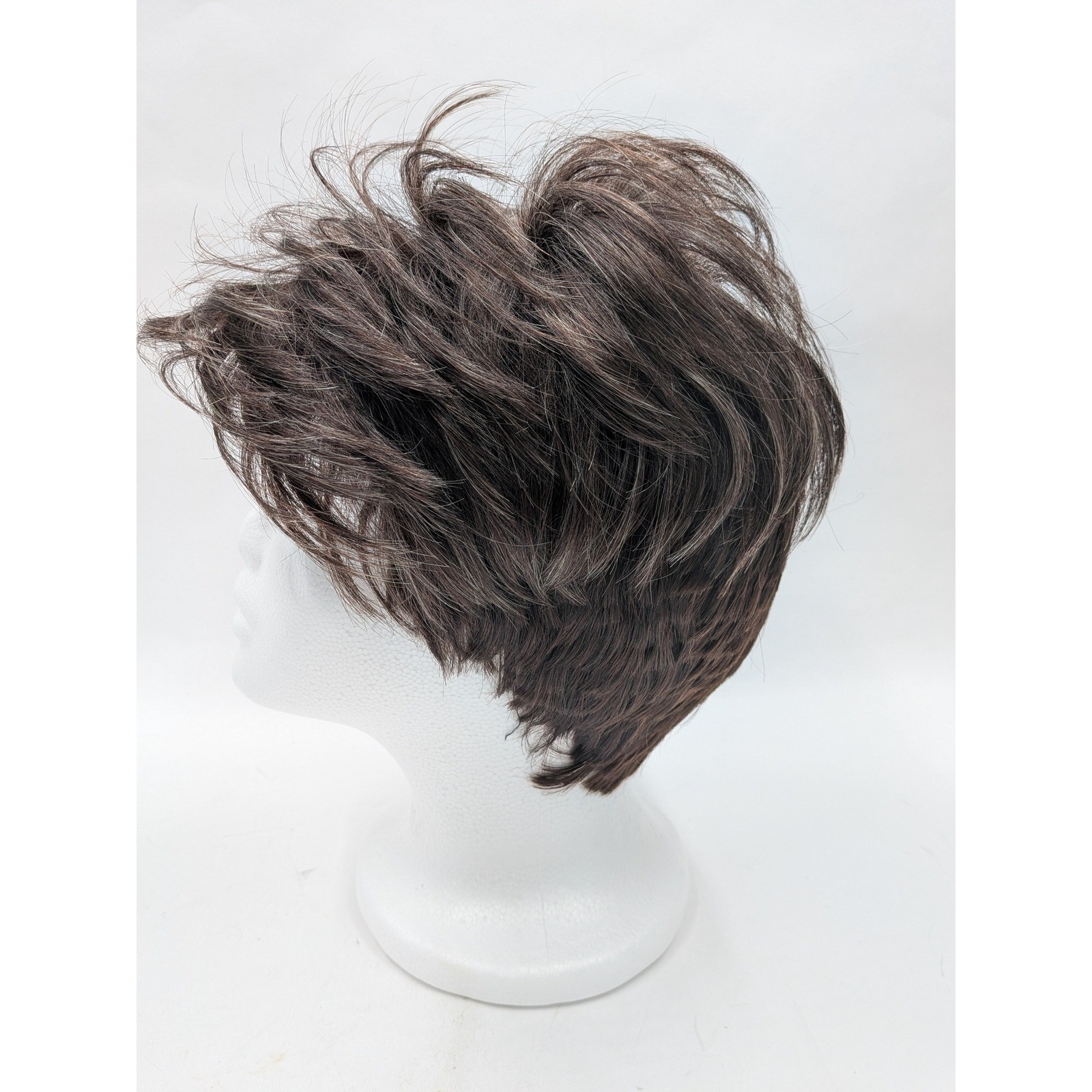 Womens Short Brown Grey Mix Pixie Cut Synthetic Wig Layered Salt/ Pepper JY37037