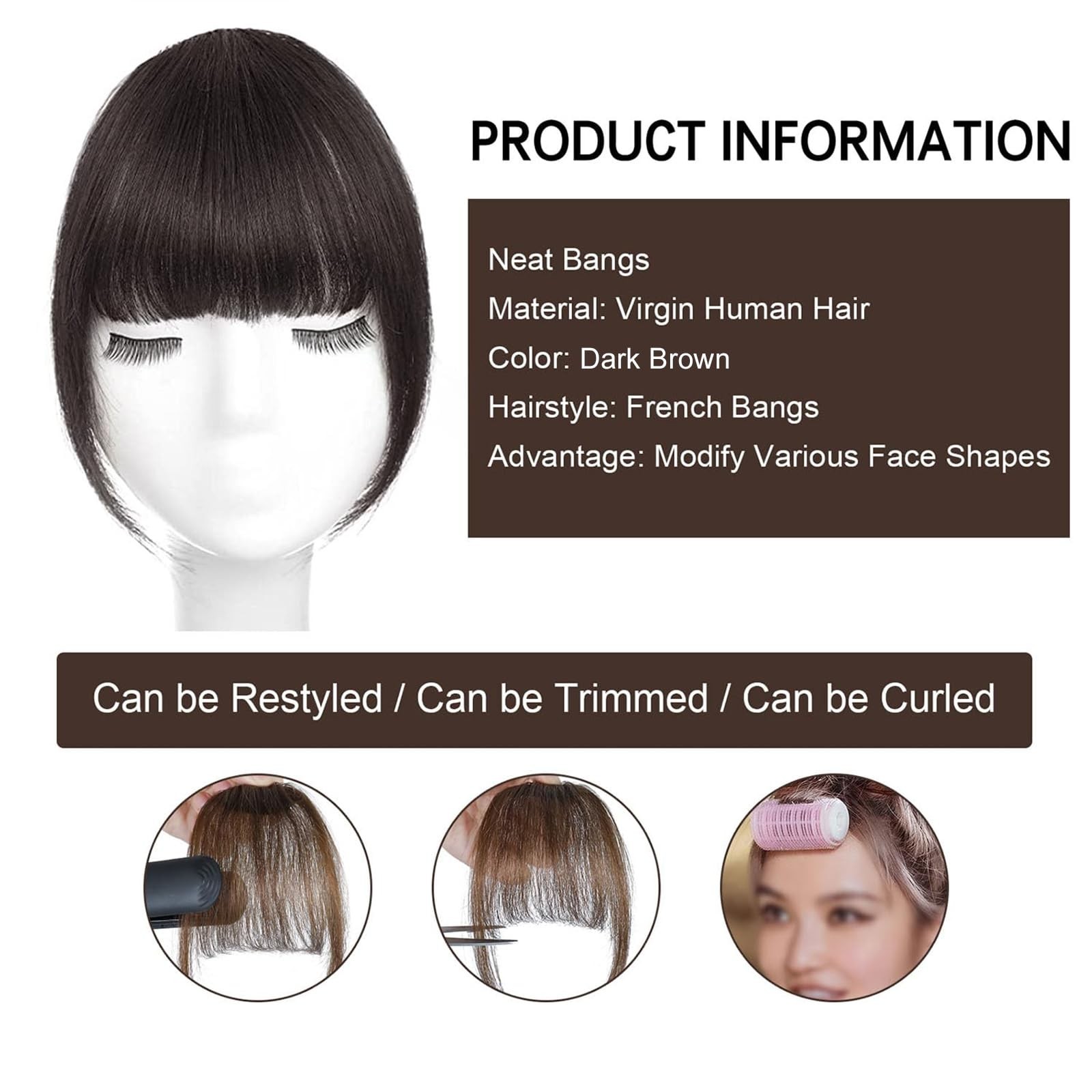 BOGSEA Clip-in Bangs 100% Human Hair with Temples for Women Dark Brown