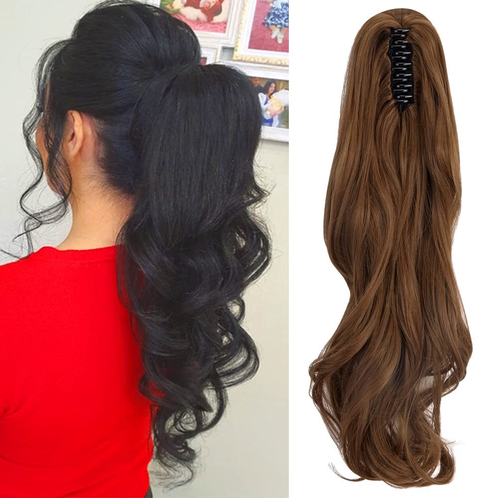 OMGREAT Claw Clip in Ponytail Hair Extension 18 Inch, Light Auburn-Curly