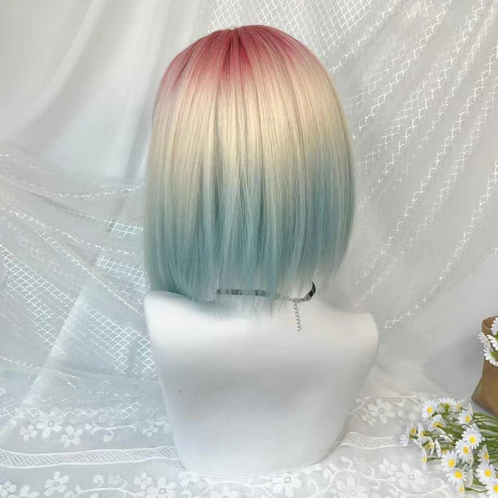10″ Rainbow Pastel Bob Wig with Bangs Synthetic Gradient Highlights Lolita