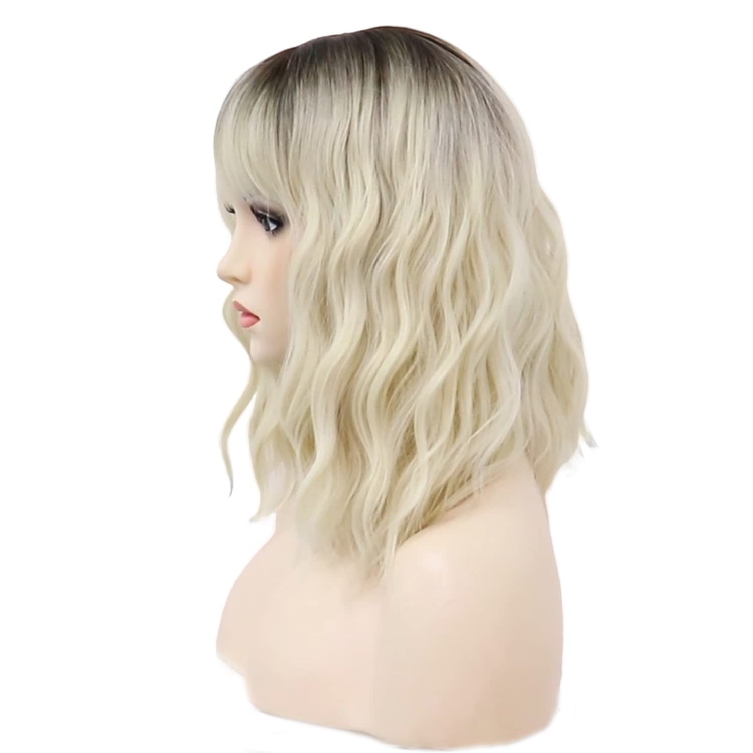 Platinum Blonde Wig Dark Roots 14 Inches Short Wavy Curly Wigs with Bangs Sho…