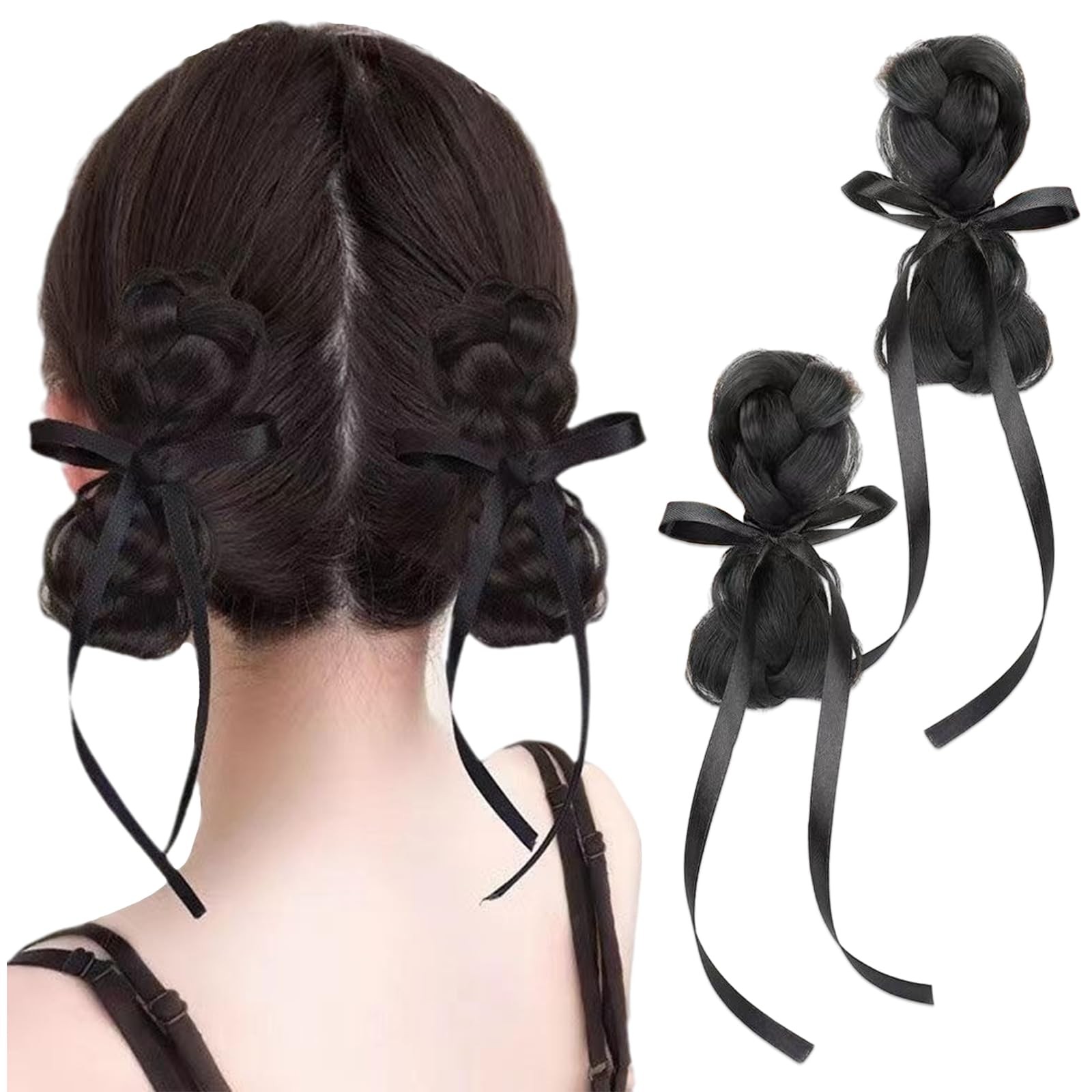 Space Buns Hair Extension Black Bow Braid Bun Synthetic 2,