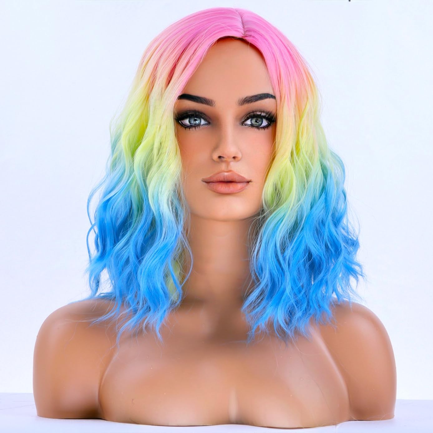 Rainbow Colored Wigs for Women Short Curly Wavy Girls Hair Wigs 14 Inch Ombre…