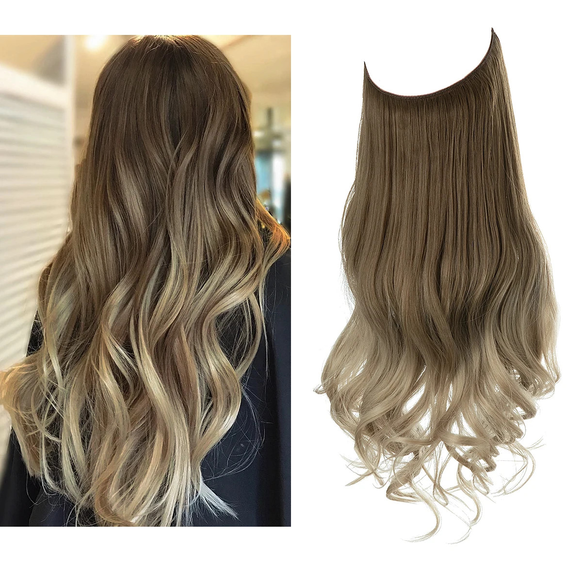 Synthetic No Clips Hair Extension Ombre Black Blonde Pink Long Wave