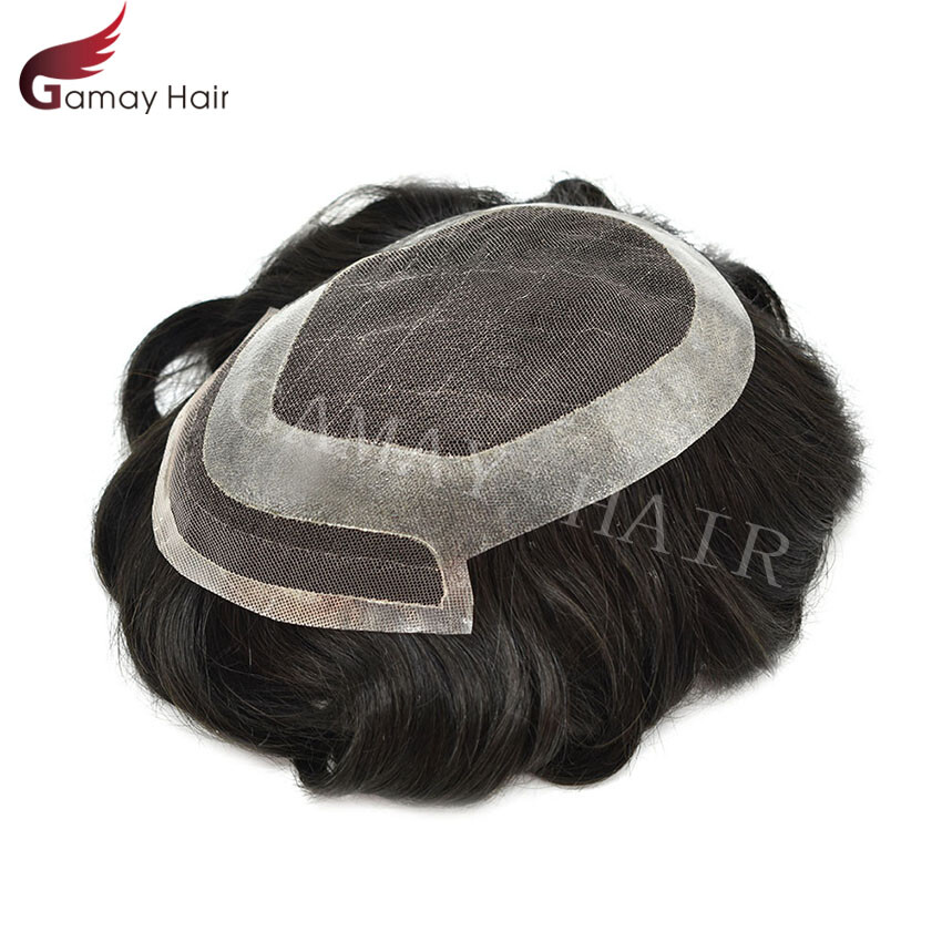 Mens Toupee French Lace Wigs Thin Skin Human Hair Replacement Natural Black F4-1