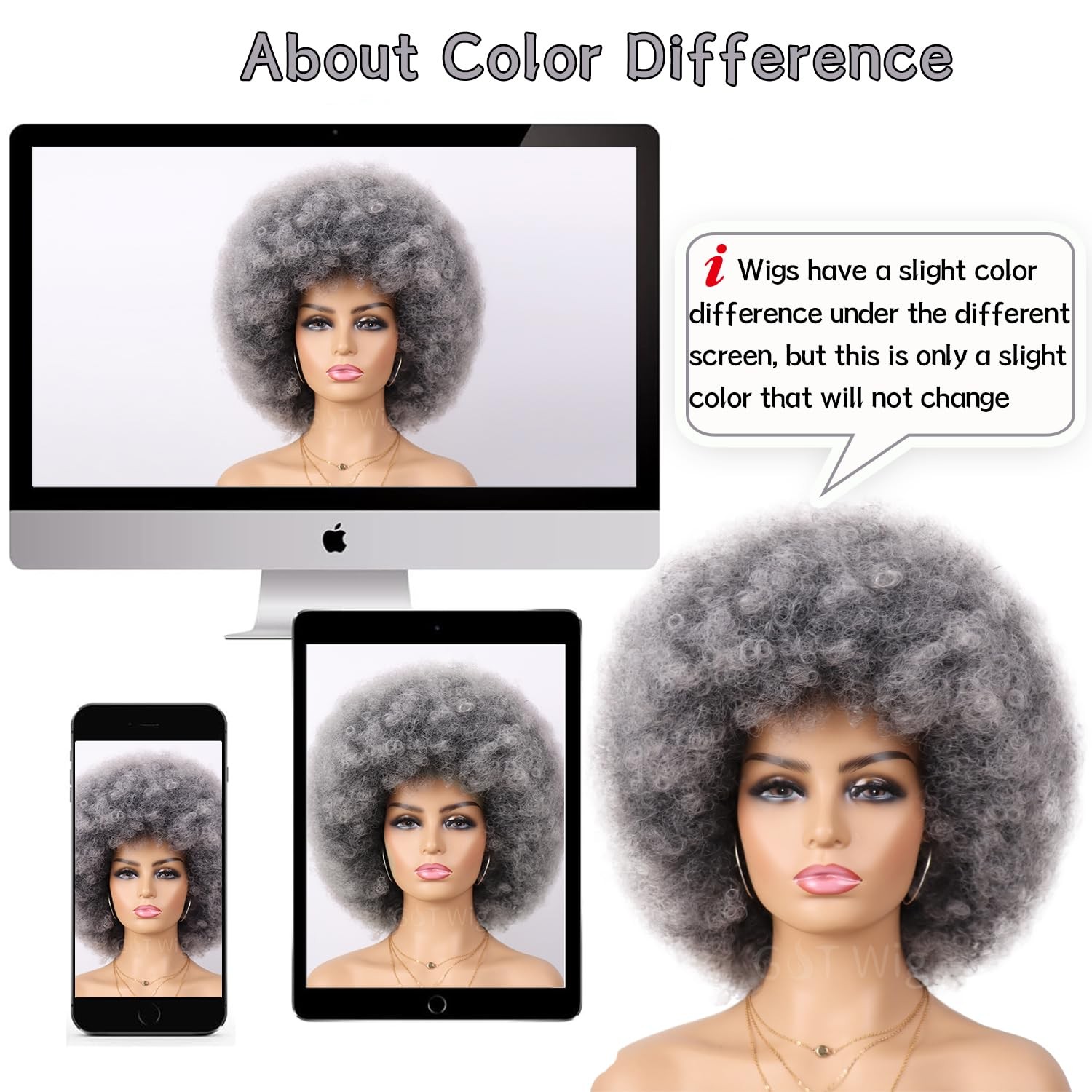 70s Dark Grey Afro Curly Wigs for Unisex Men Women Glueless Wear and Go Wig L…