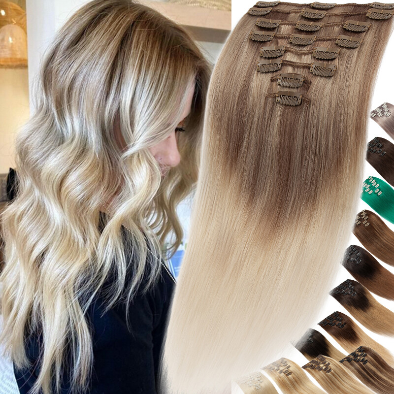 100% Real Remy Human Hair Extensions Invisible Clip in 8pcs Full Head Ombré Hair