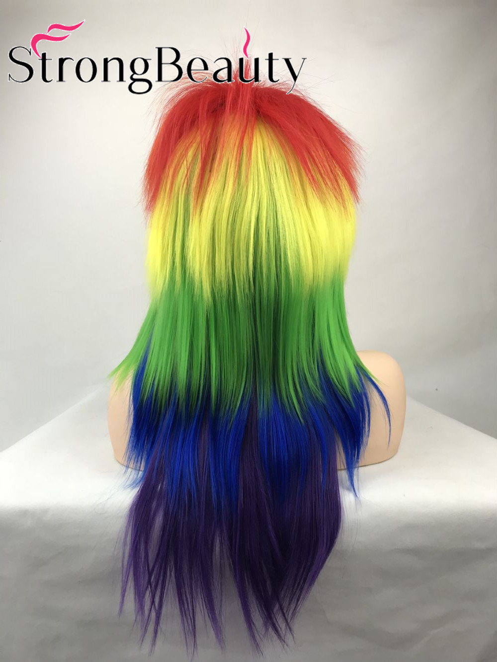 Long Rainbow Cosplay Wig Ponytail Multi Color Synthetic Wigs