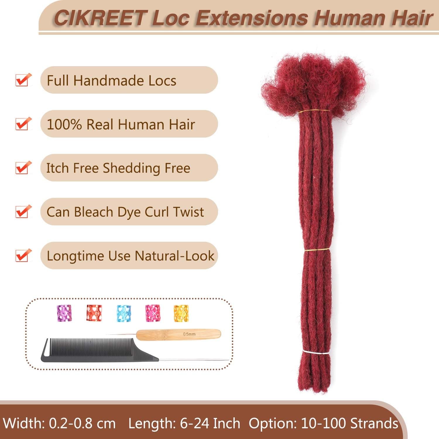 Cikreet Wine Red Loc Extensions Human Hair Dreads Extensions For Men Women Dark