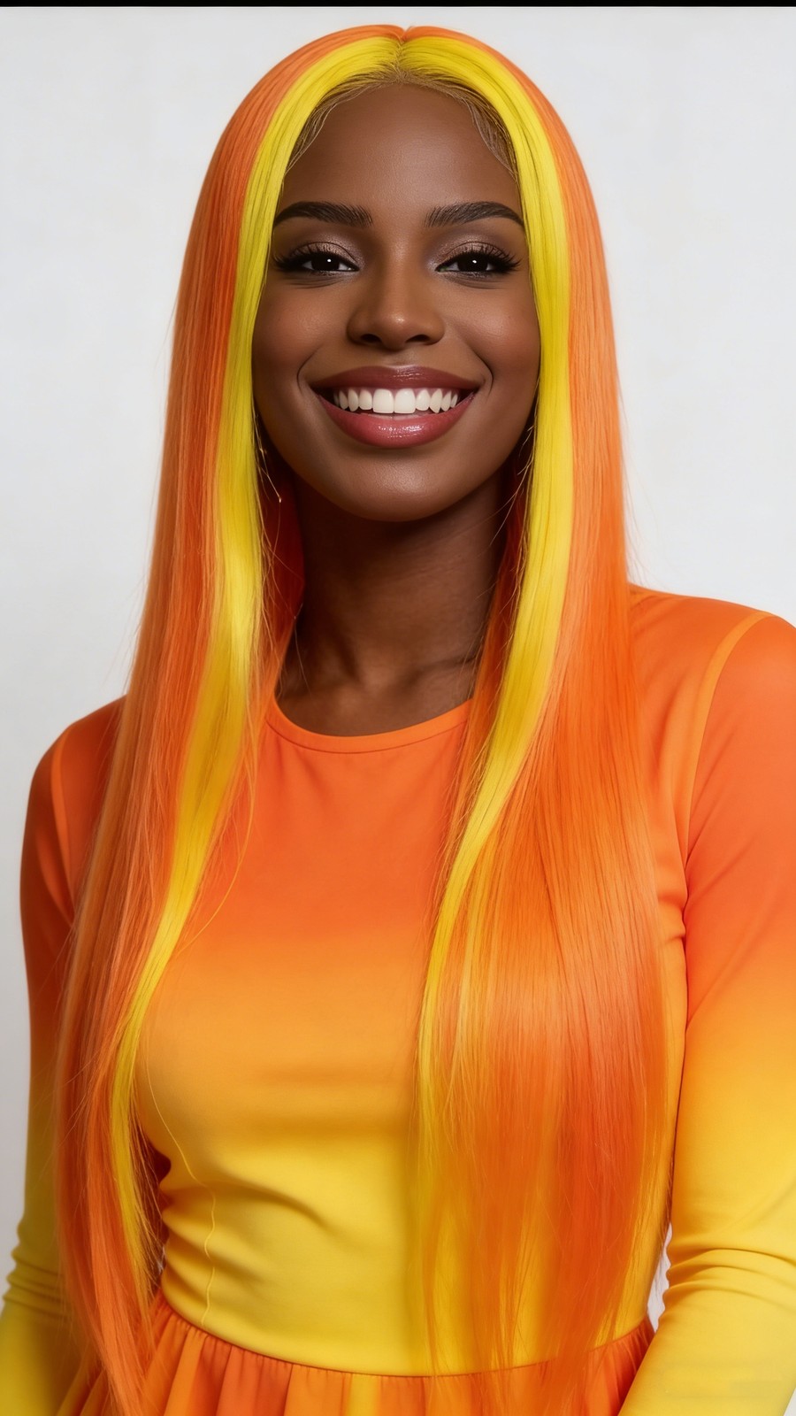 Straight Orange Wig with Yellow Stripe Lace Front Wigs Synthetic Hair Party Wig
