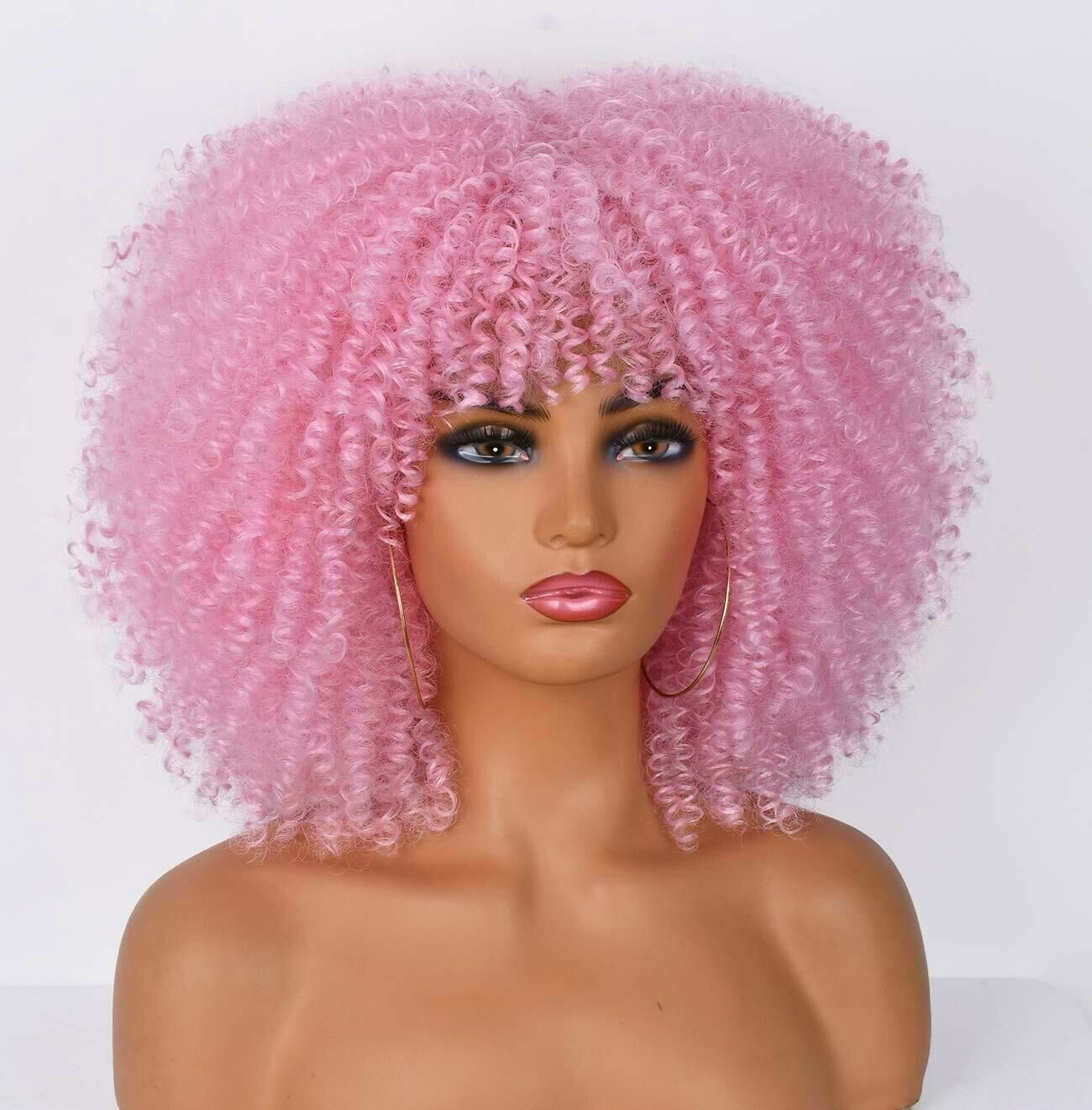 Short Hair Afro Kinky Curly Wig With Bangs For Black Women Synthetic Pink Curly