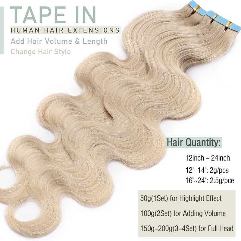 Body Wave Tape In Hair Extensions 100% Remy Human Hair Skin Weft 20/40/60pcs