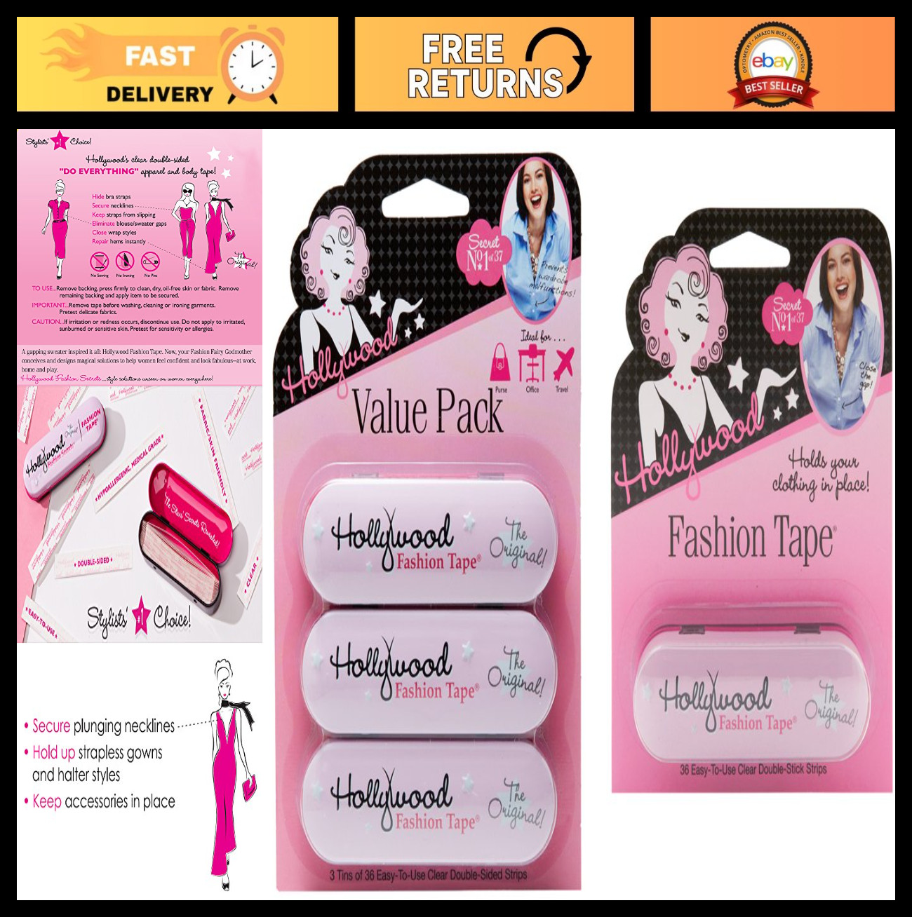 Fashion Tape for Clothing – 4 Pack, 36 Strips Each, Invisible Adhesive, Dress Ta
