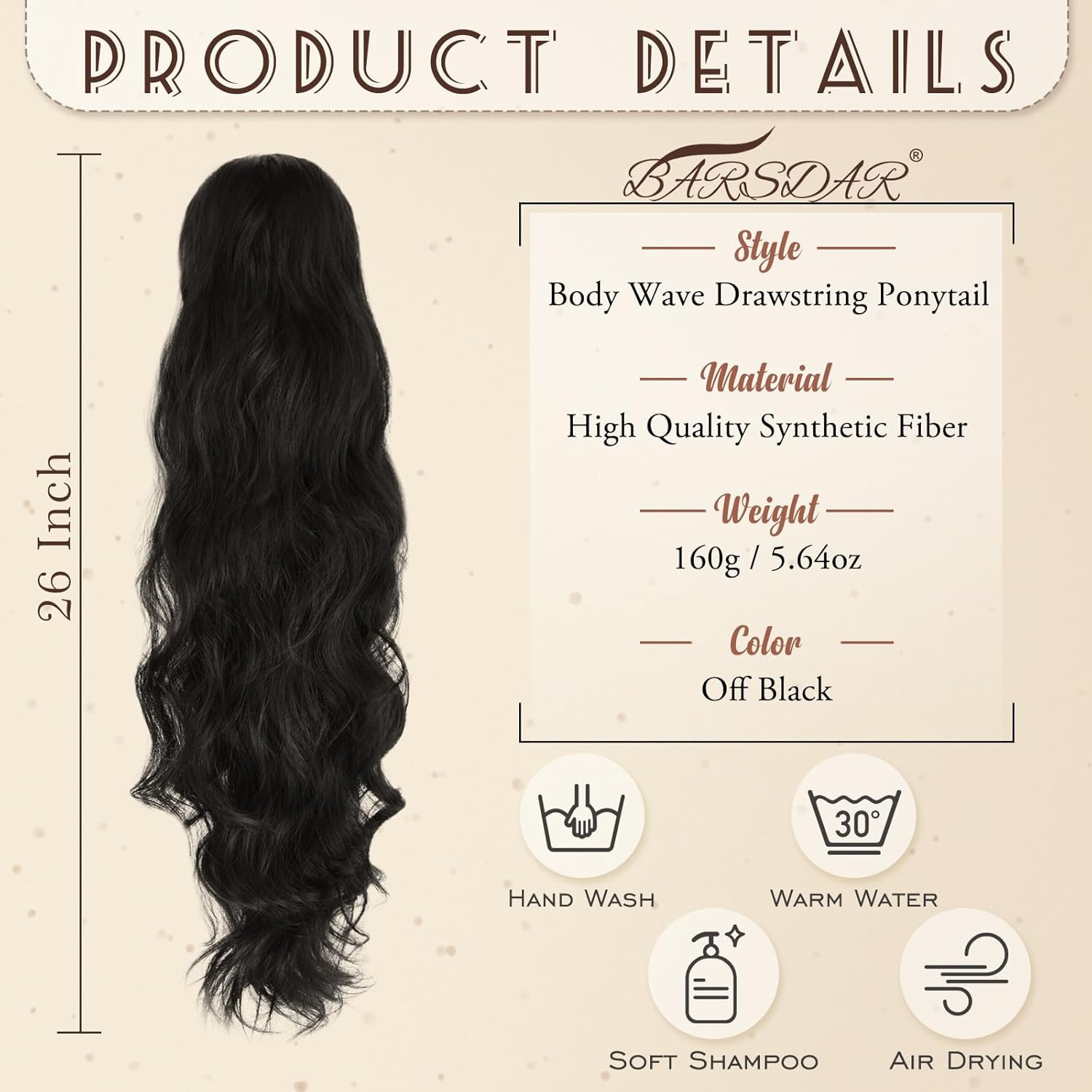 Black Wavy Drawstring Ponytail Extension – 26 Inch Long Wavy Drawstring Ponytail