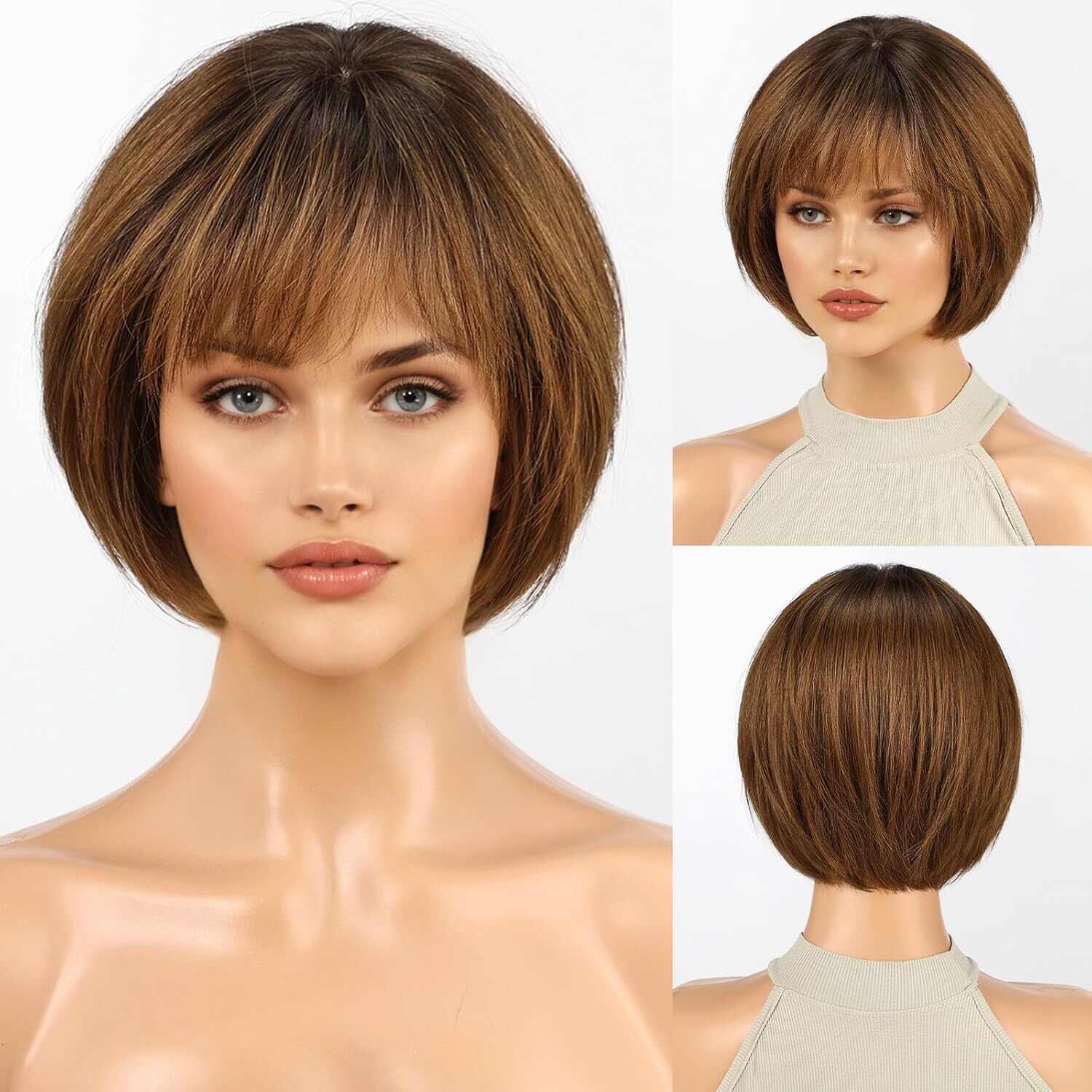 Ombre Ash Brown Wigs Human Hair for Women Remy Human Hair Wigs with Bangs