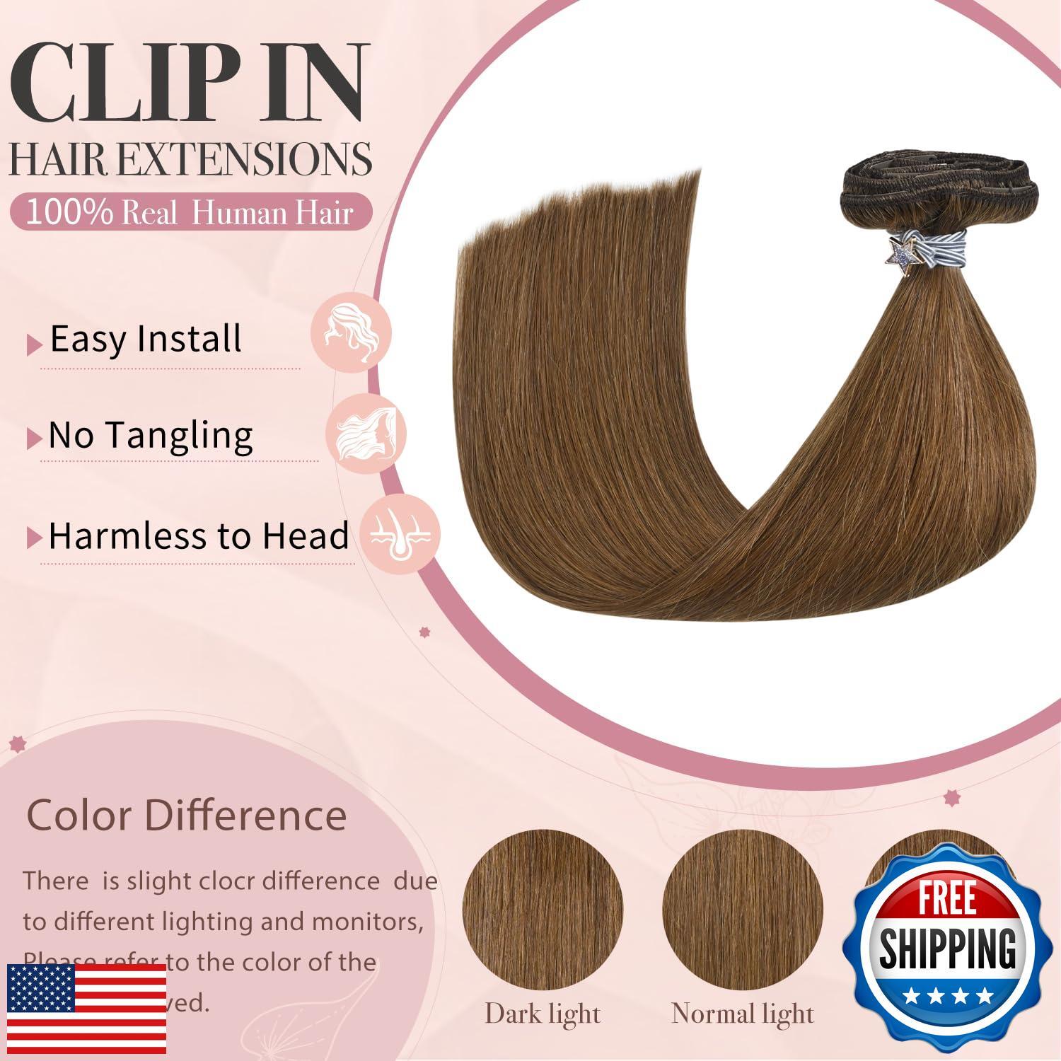 HUAYI Light Brown Clip in Hair Extensions Human Hair, 18 Inch 70g, 7pcs with