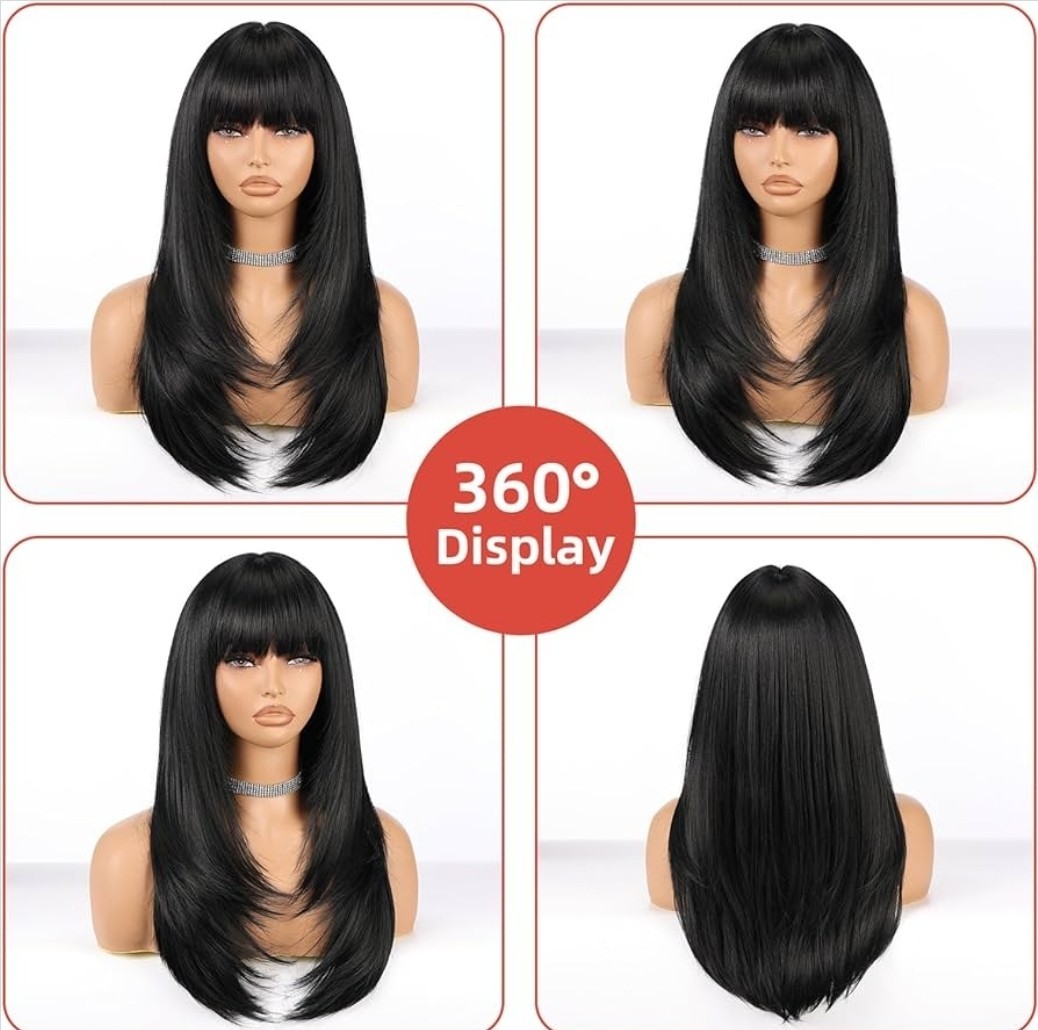 Long Wavy Straight Shag Bangs Black Human Hair Blend Full Wig Rainbow