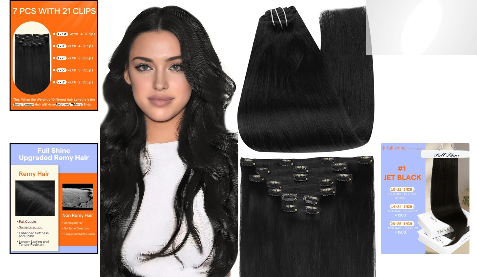 Seamless Clip-In Extensions – 24” Remy Human Hair in Rich Jet Black, 7 Pieces