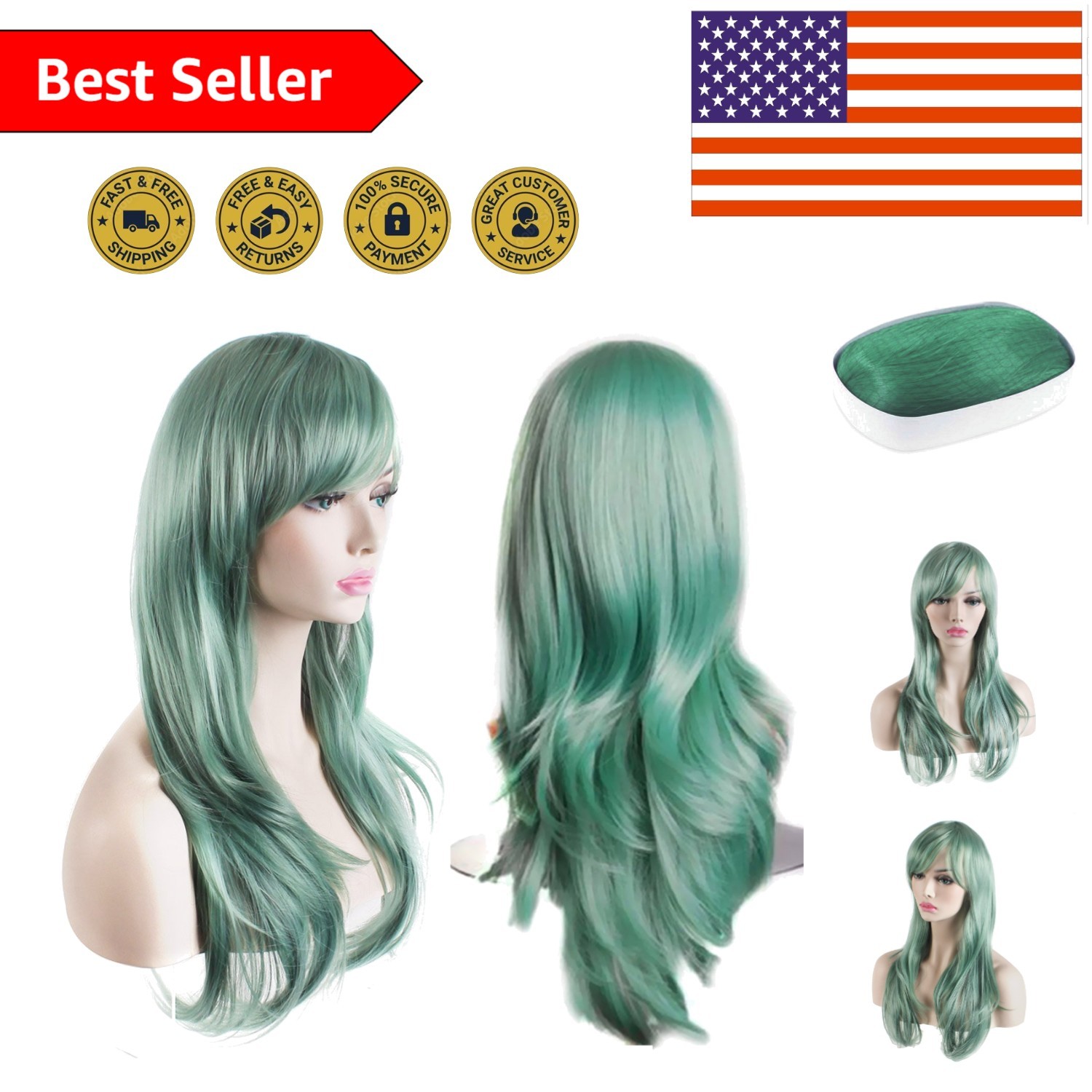 Trendy 28-Inch Long Wavy Curly Wig in Grey Green – Perfect for Halloween & More