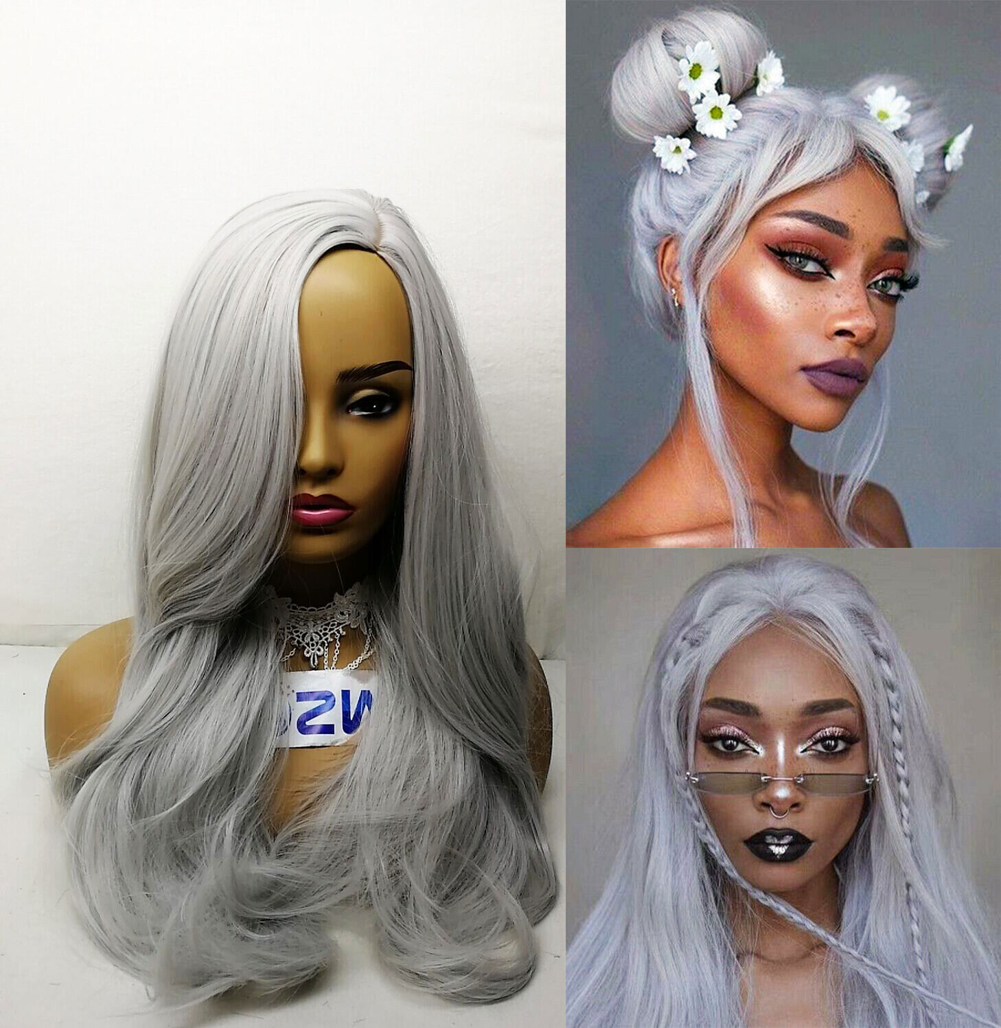 Silver Grey Wig Long Natural Wave Hair Anime Cosplay HalloweenFull Wigs New US