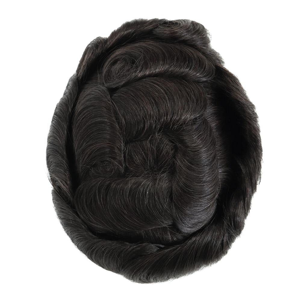 Mens Toupee Human Hair Replacement System Hairpiece Fine Mono Poly Skin #1B