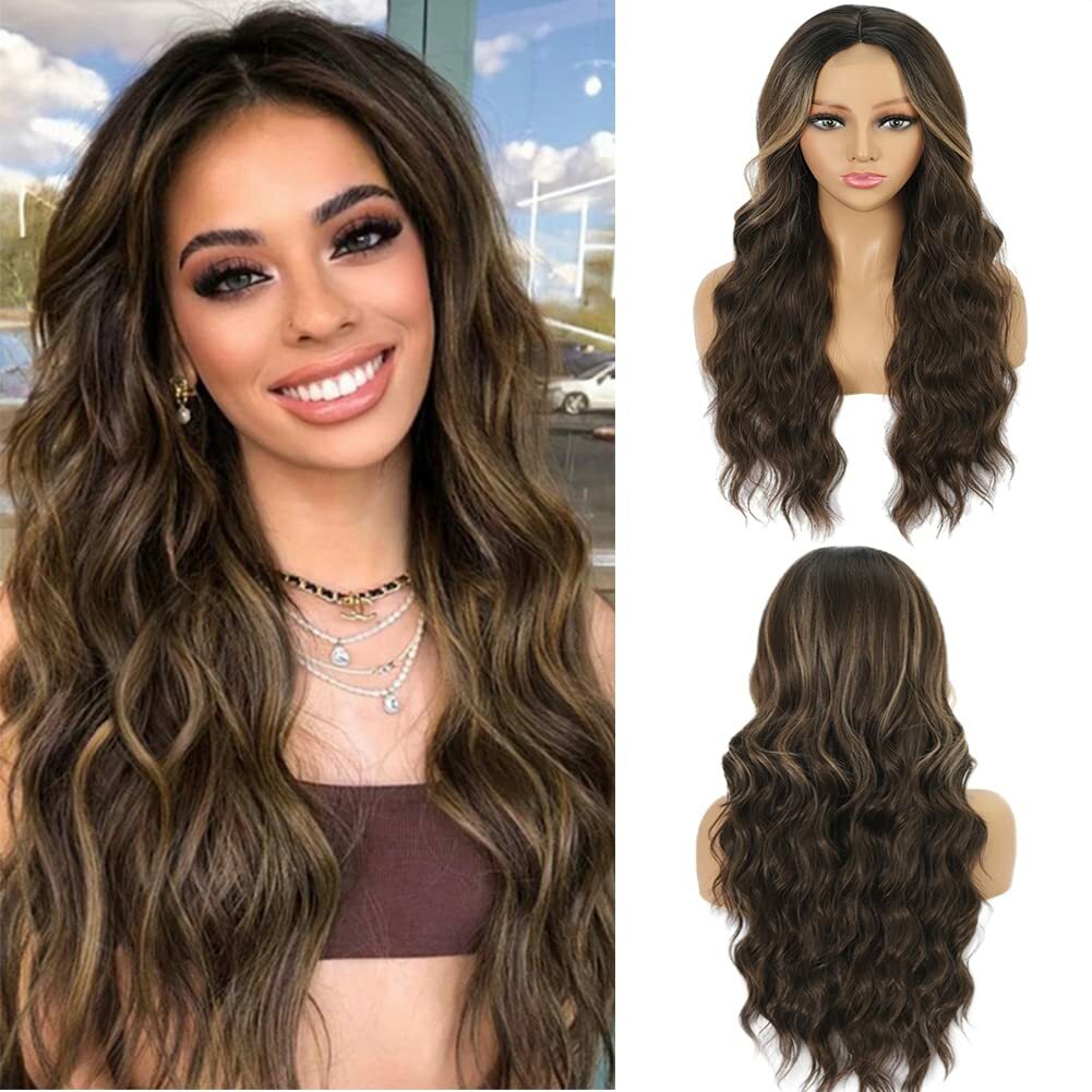 Long Brown Wavy Wig Highlight for Women for Daily Party Use