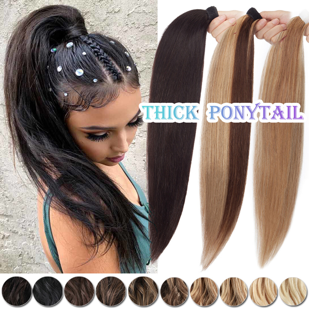 LONG Remy Real Human Hair Ponytail Extensions Wrap On Clip In Pony Tail Seamless