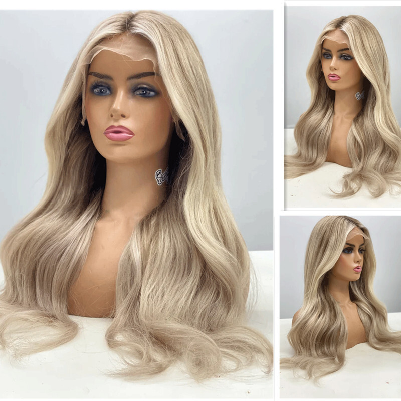 Balayage Ash Blonde Lace Front Wig Ombre Platinum Blonde Highlights Remy Hair