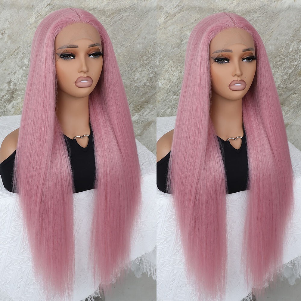 Pink Lace Front Wig 32 Inch Long Straight Hair Synthetic Heat Resistant Glueless