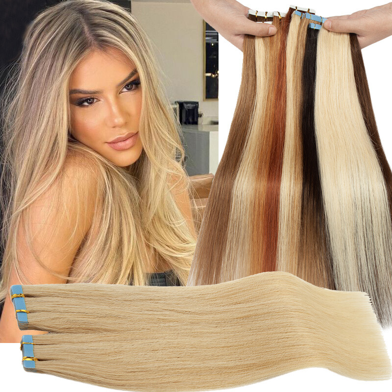 Tape In 100% Real Human Hair Extensions Russian Skin Weft Blonde 18″-24″ Long US