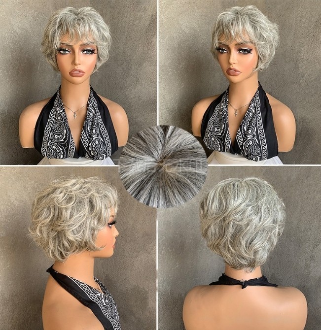 Short Silver Gray Pixie Cut Wigs 100% Human Hair Wigs with Bangs Silk Base Crown