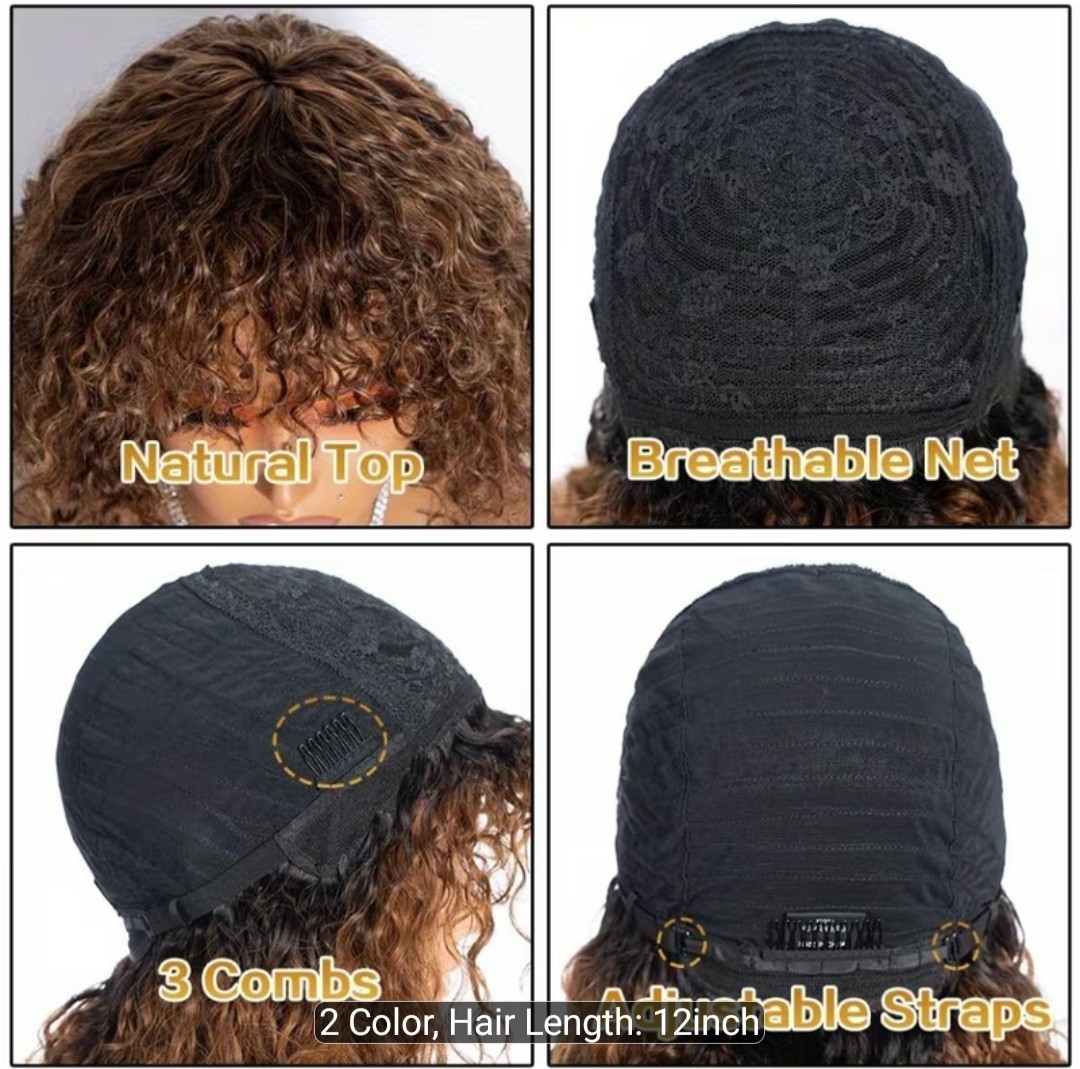 Women’s Ombre Brown 12 Inch Short Curly Bob Wig with Bangs Human Hair for Water