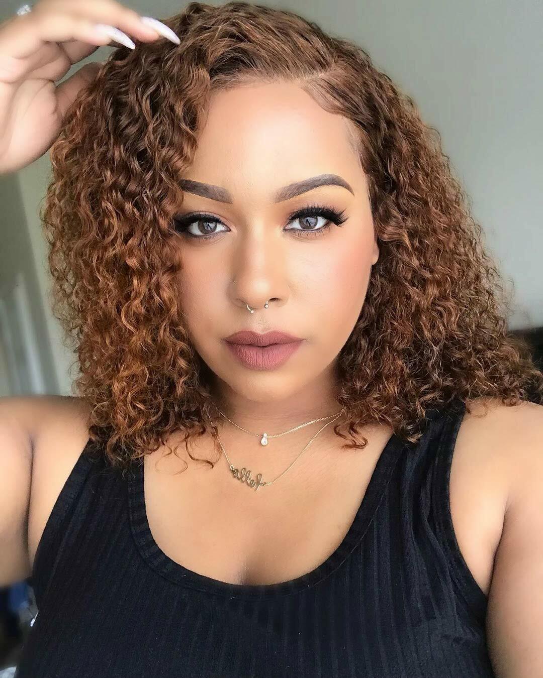 13×4 Water Wave Lace Front Human Hair Wigs Deep Curly Short Bob Wig Brown 130%