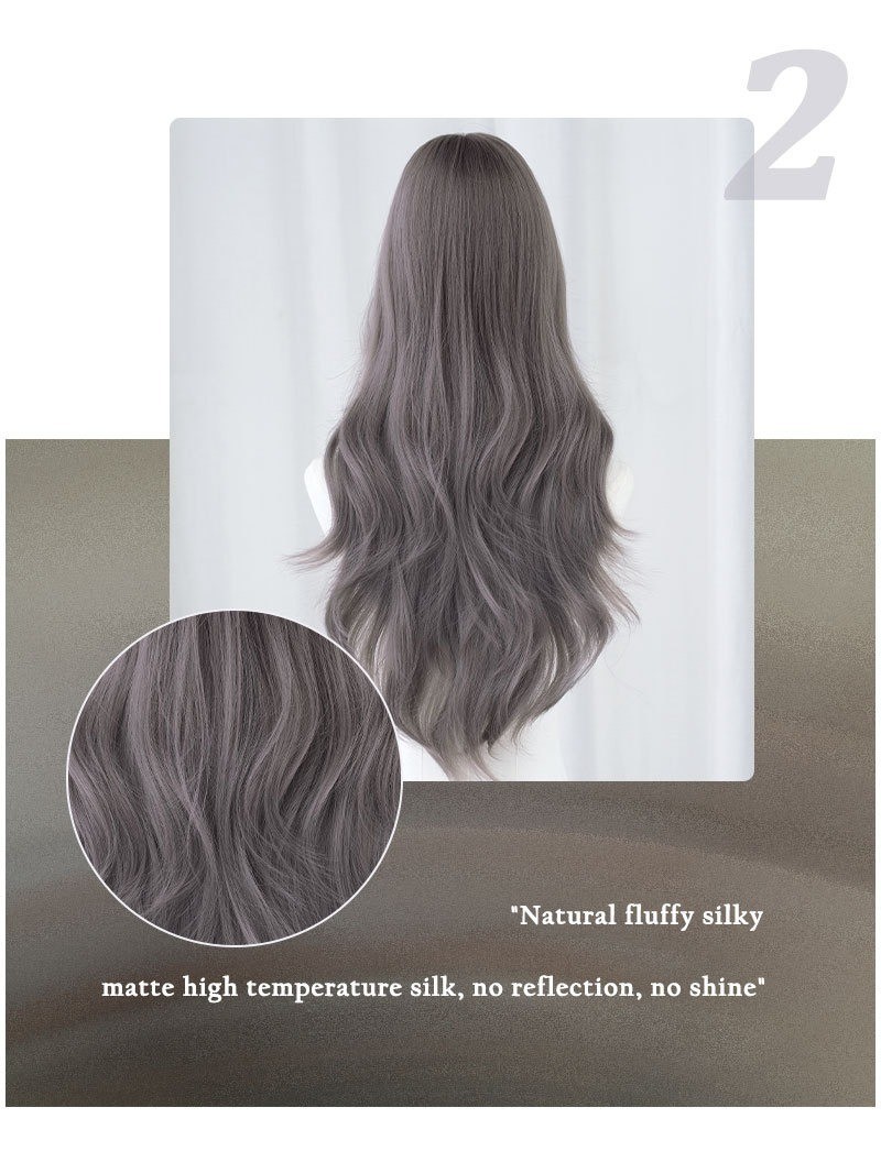 Grayish-purple long wavy hair with fringe-style bangs artificial hair natural