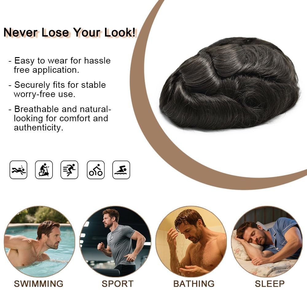 Mens Toupee Human Hair Replacement System Poly Thin Skin Wig Hairpiece