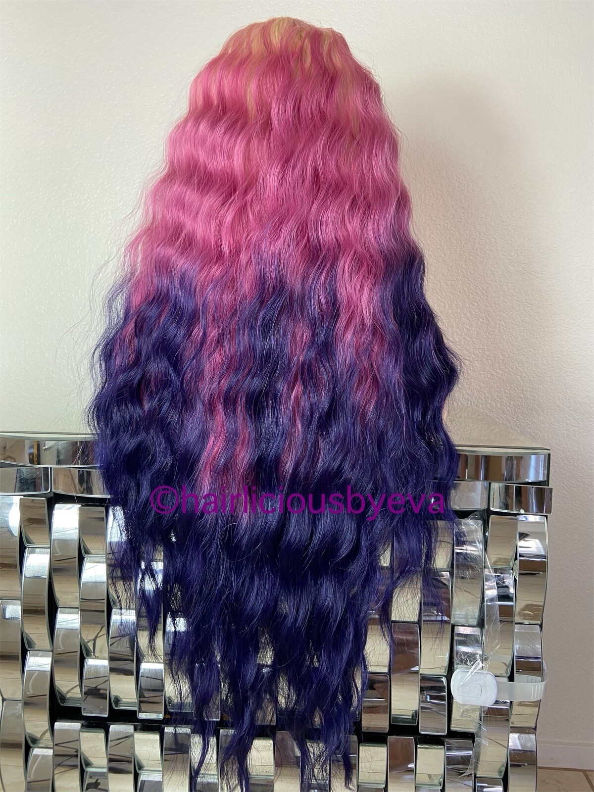 Pastel wig rainbow ombré blonde purple pink middle part wavy 26 inch long