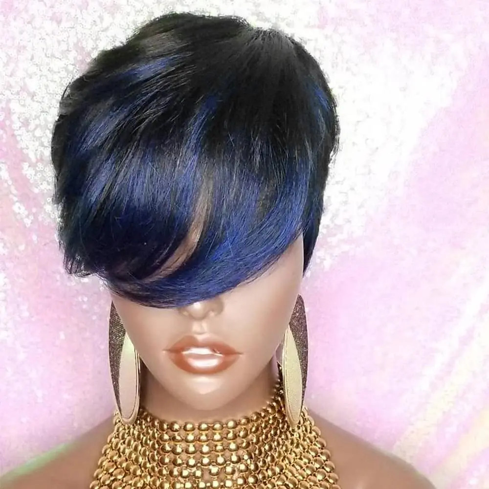 Synthetic Hair Women Pixie Cut Wig Black Blue Bangs Short Straight Wigs American