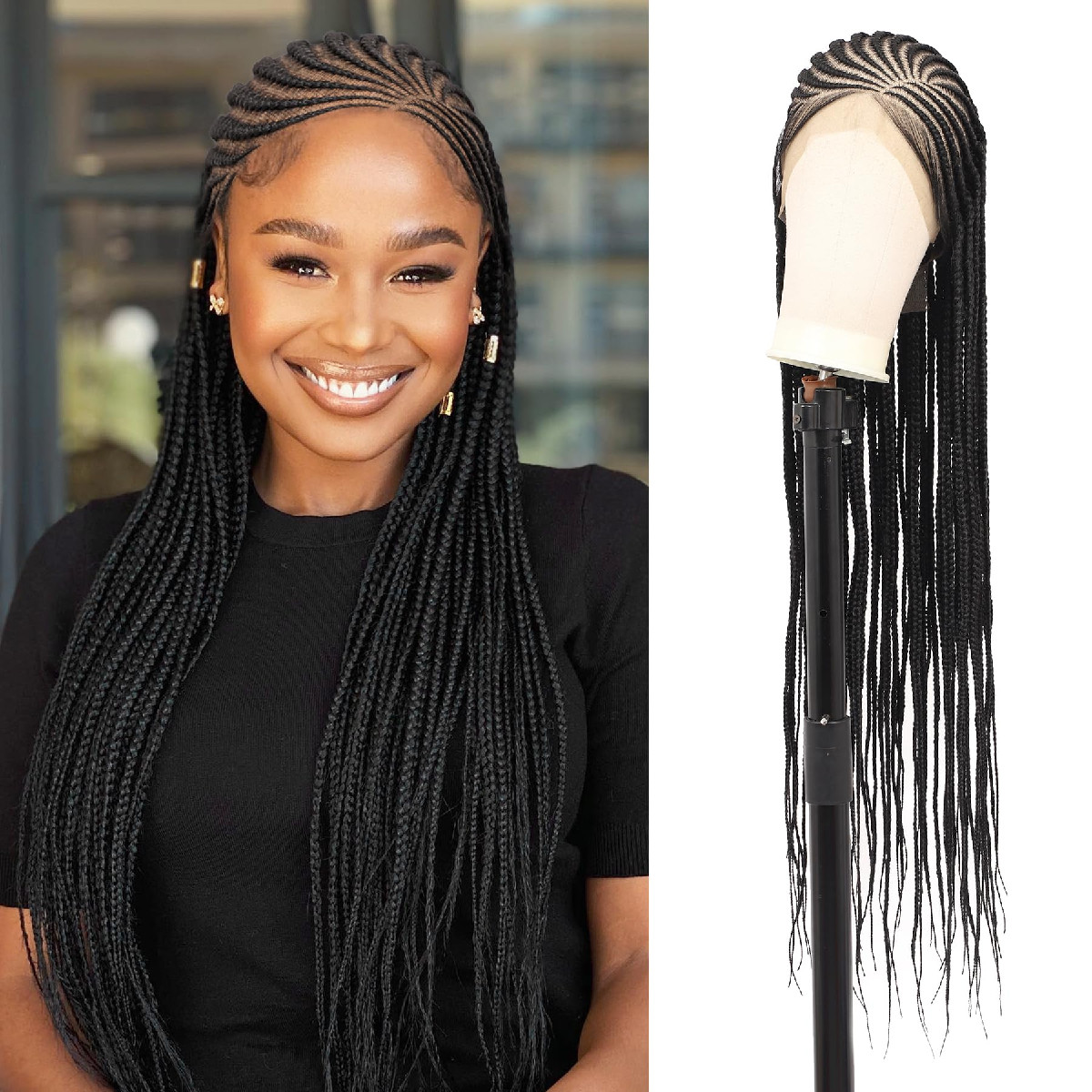 Lexqui 36 Inch Cornrow Braided Wigs Braid Wig 13X8 Hd Lace Front Braided Wig