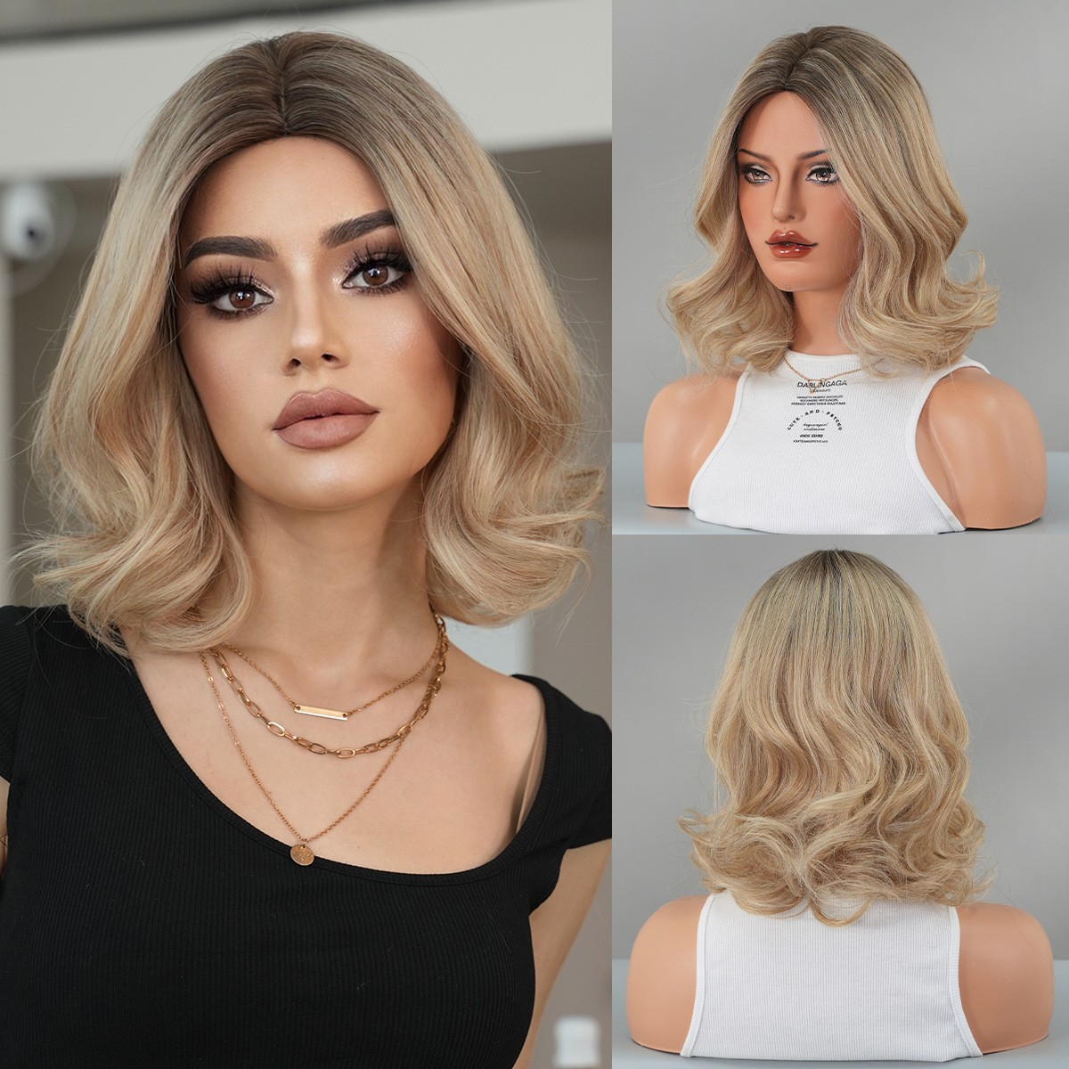 Flaxen Blonde Middle Part Shoulder Length Curly Short Wig Machine Made Rose Net